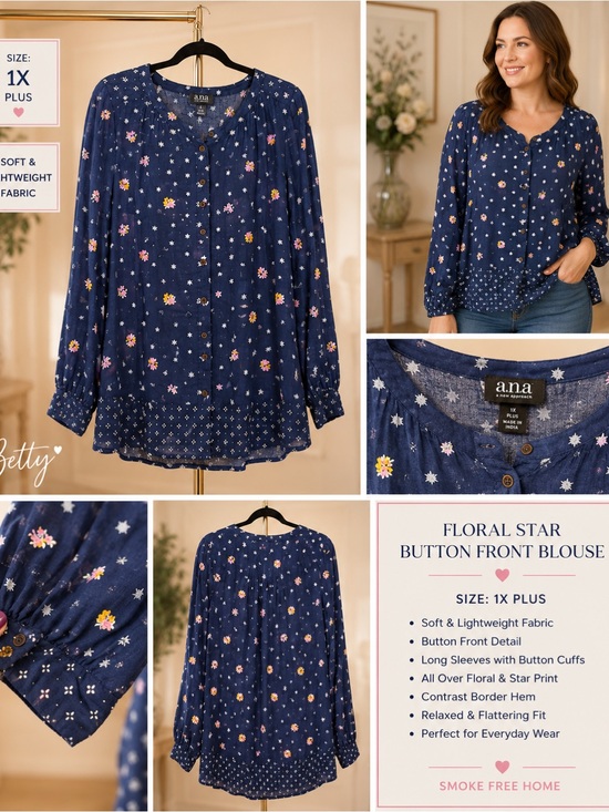 a.n.a Tops - a.n.a Navy Floral & Star Button-Front Blouse